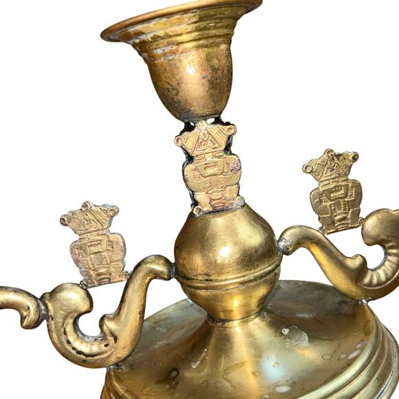 Vintage ornate Aztec brass three-arm candelabra boho Hollywood - Picture 8 of 11